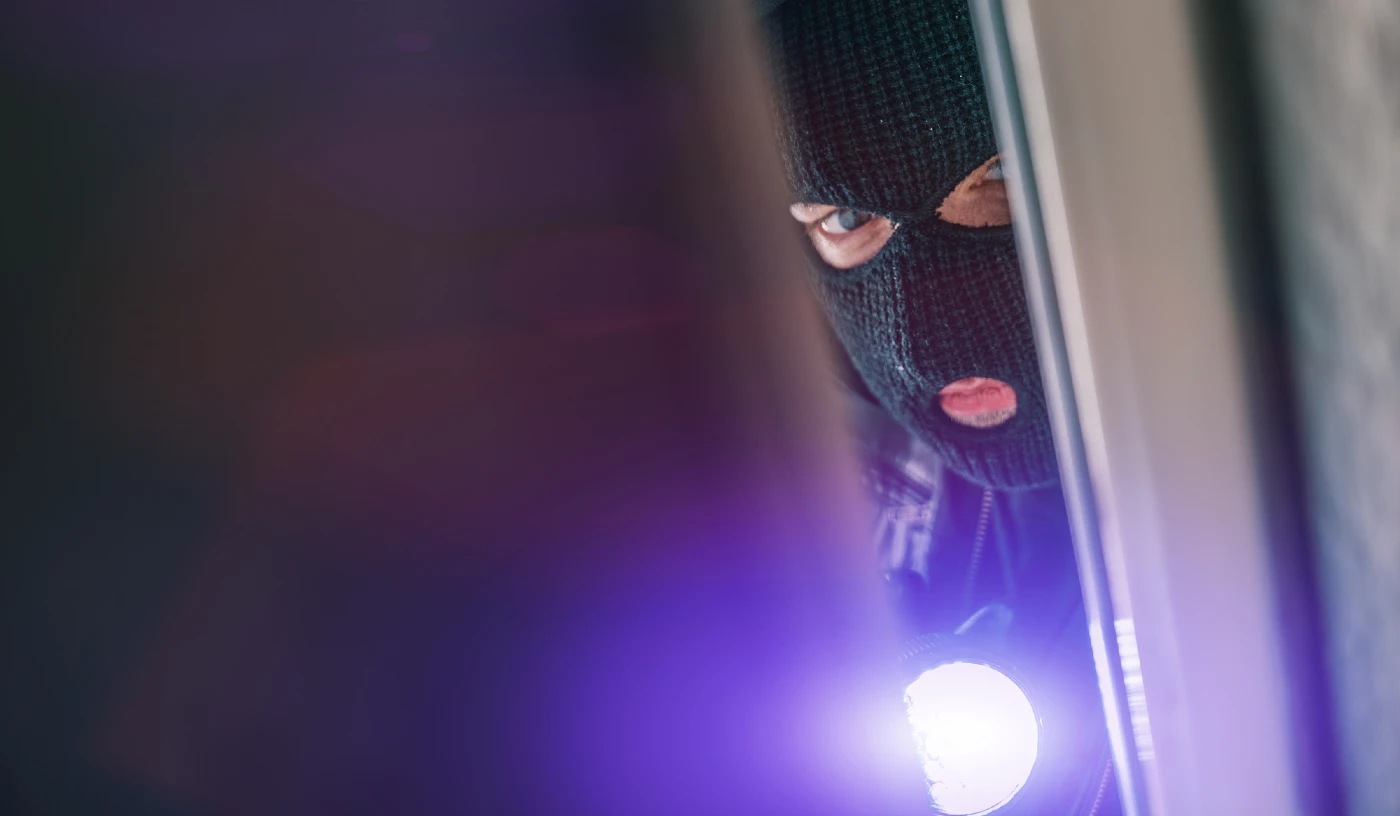 Burglar with mask on and flashlight sneaking trough the door