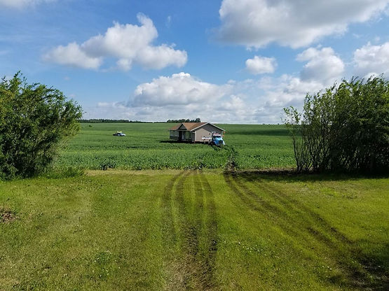 A trailer carrying a house drives through a crop field