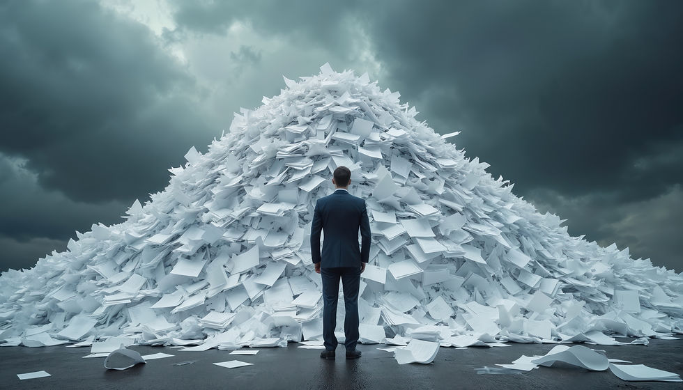 Man in a suit stands before a massive pile of papers under stormy sky, conveying a mood of overwhelm.
