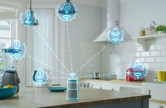 Smart home products in a home showing smart lights, smart kitchen appliances