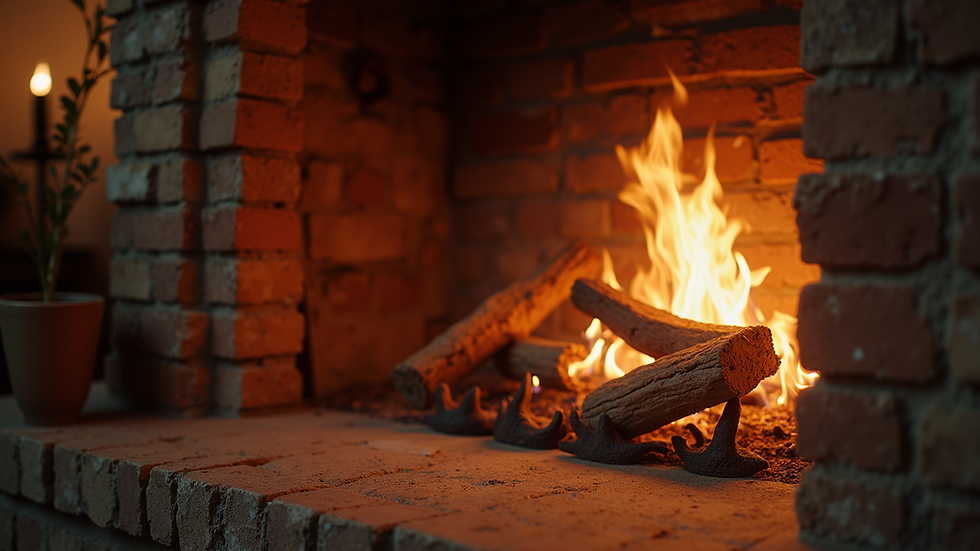 Wide angle view of a cozy fireplace display