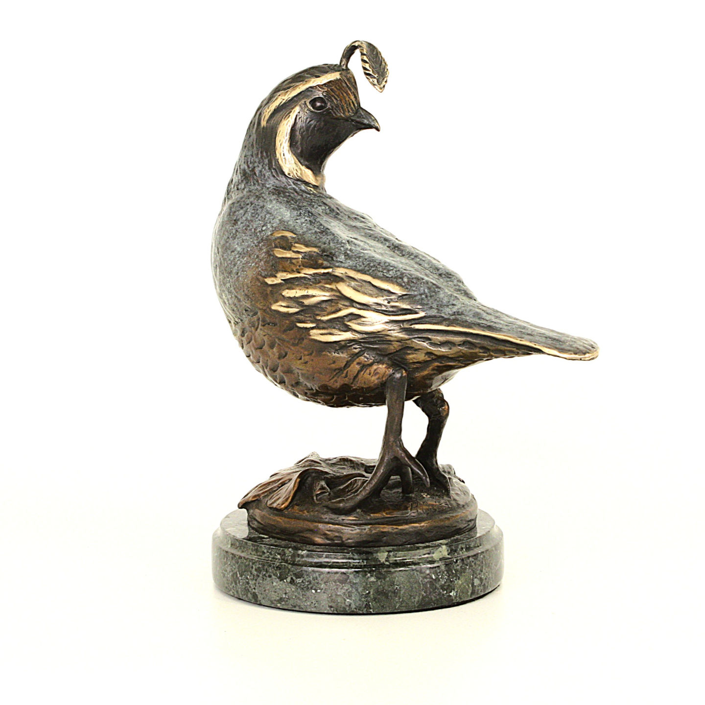 Detailed bronze avian sculpture titled Parting Glance, collectible wildlife art inspired by nature and motion