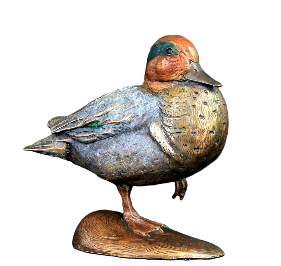 Bronze bird sculpture in a calm, watchful pose, wildlife fine art statue evoking stillness and awareness