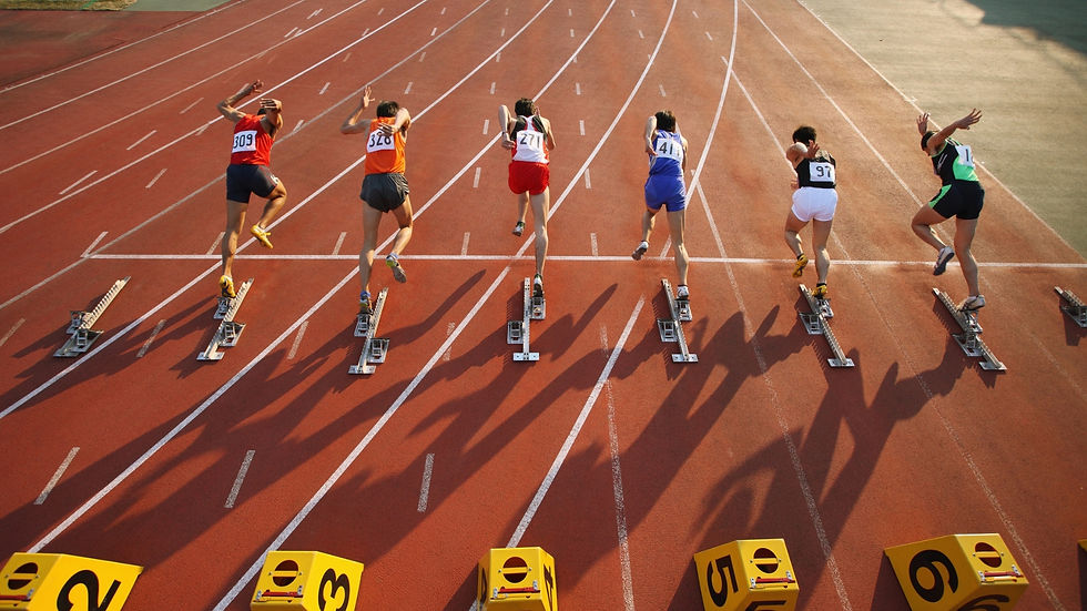 Runners experiencing physical tension during a high-pressure performance moment