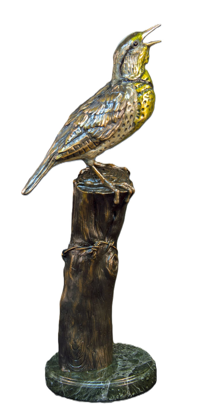 Bronze bird sculpture in an alert perched pose, wildlife fine art statue with expressive movement and natural patina
