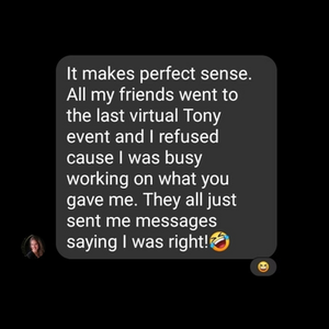 Kristen laughing ironically about how she achieved more doing her homework than her friends who went to see Tony Robbins