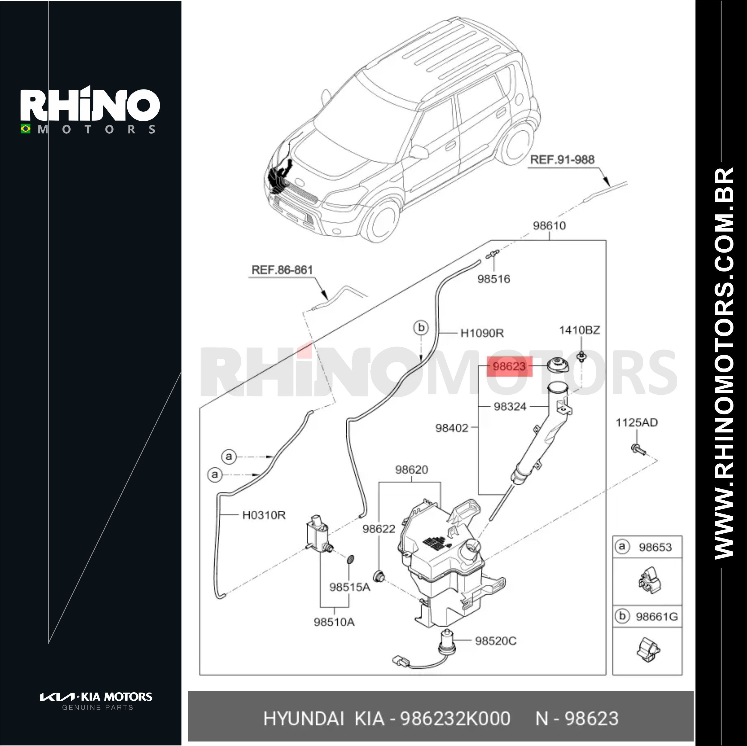 986232K000 tampa do reservatório do lavador de para-brisa KIA SOUL 2008 A 2012
