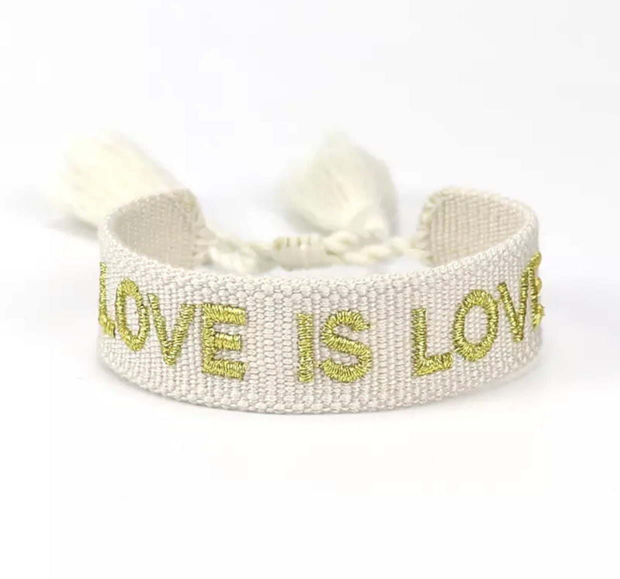 Boho Canvas Armband „Love is Love“ Reisweiß-Gold