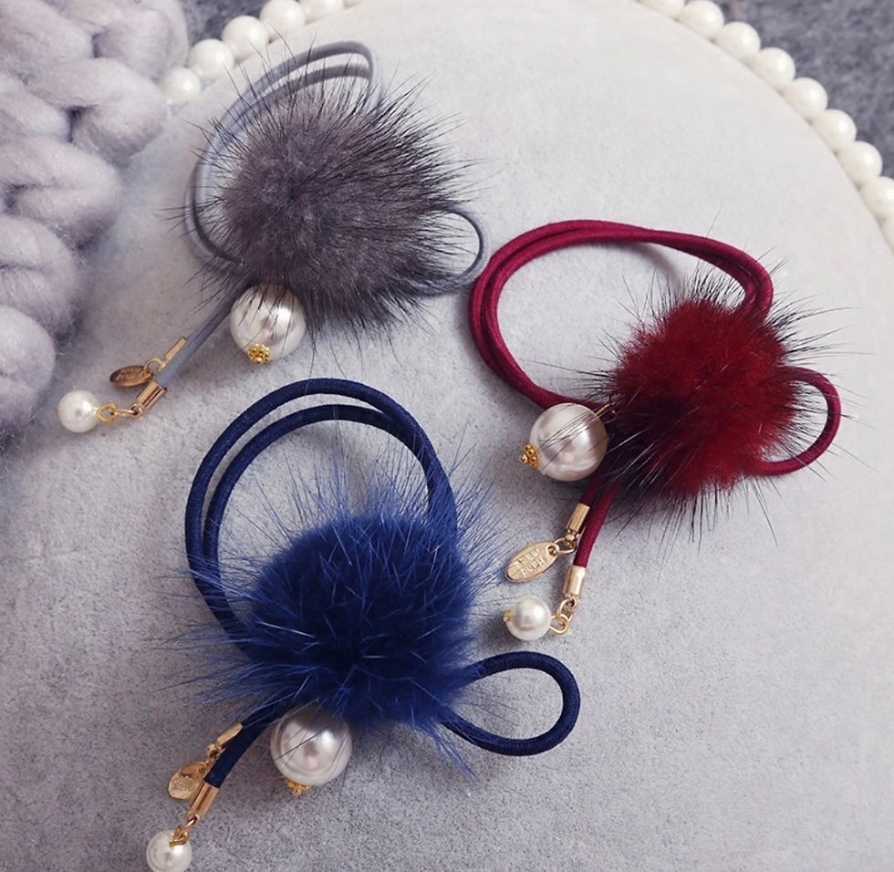 Miniaturbild: Girly Haargummi mit Fellbommel & Perlen Grau
