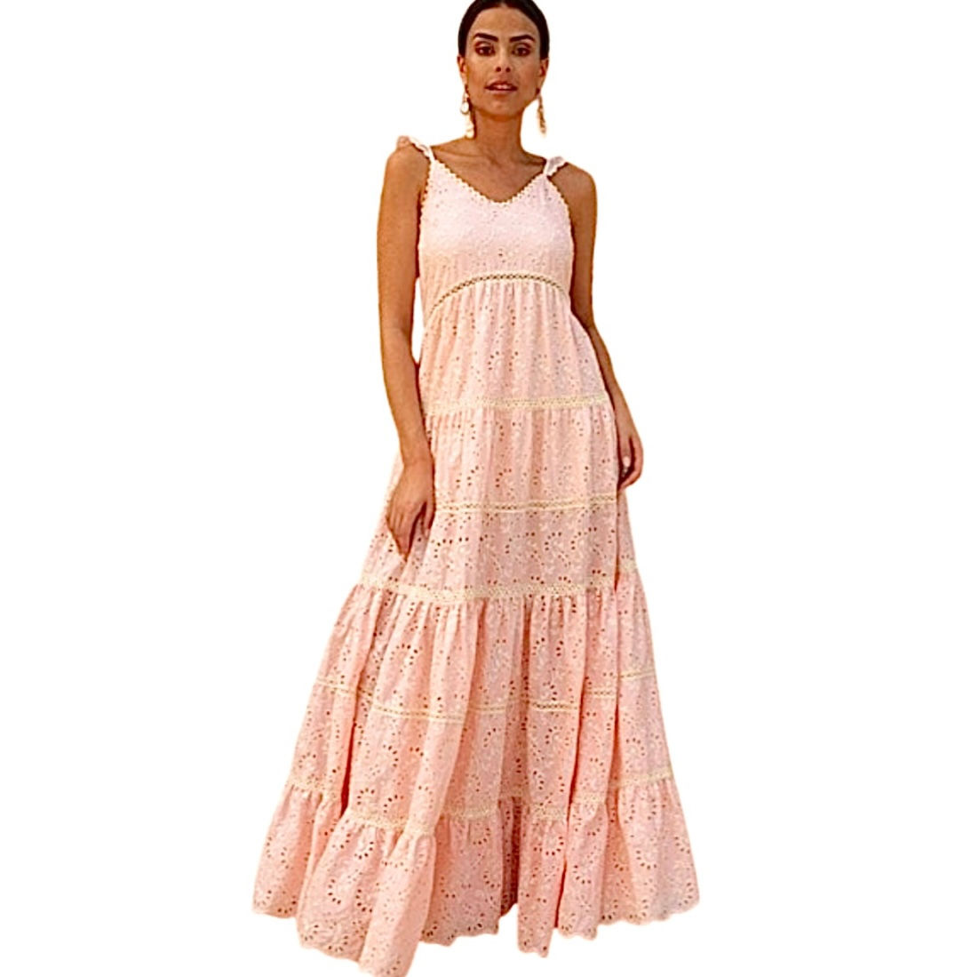 Miss June Paris - Boho Volantkleid Maxikleid mit Lochstickerei Peach-Ecru