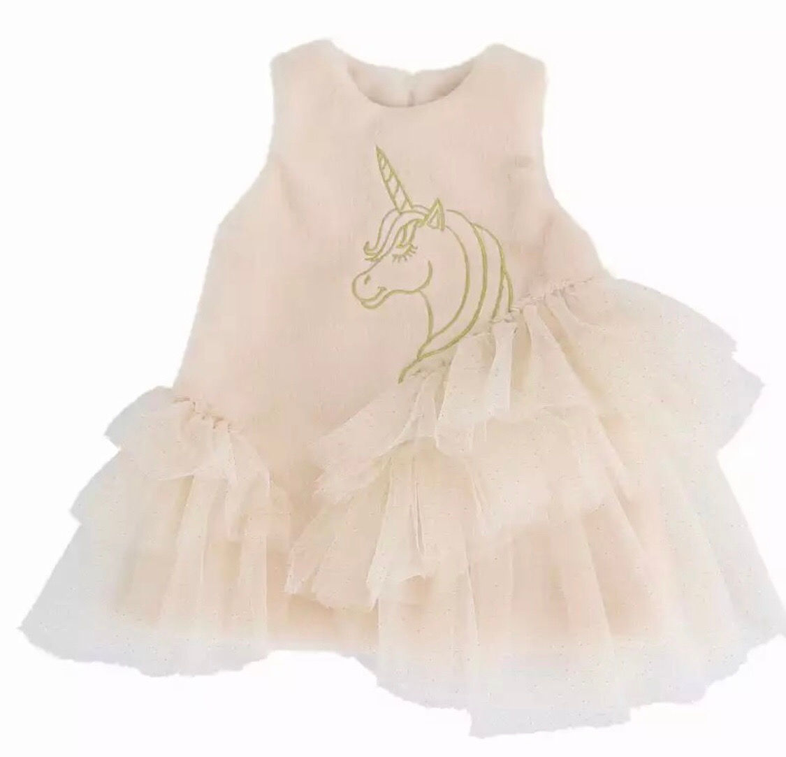 Kleid mit Tüll & Einhorn Stickerei Creme