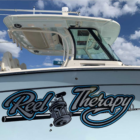custom boat lettering, boat lettering, transom wrap, woodgrain boat wrap, transom art, boat decals, quality lettering, lettering