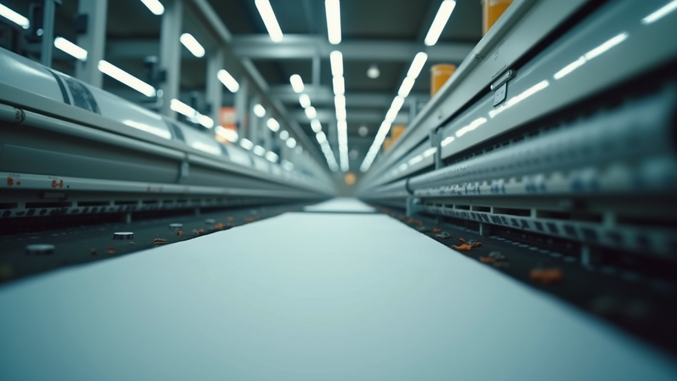 Eye-level view of textile factory with fabric finishing machines