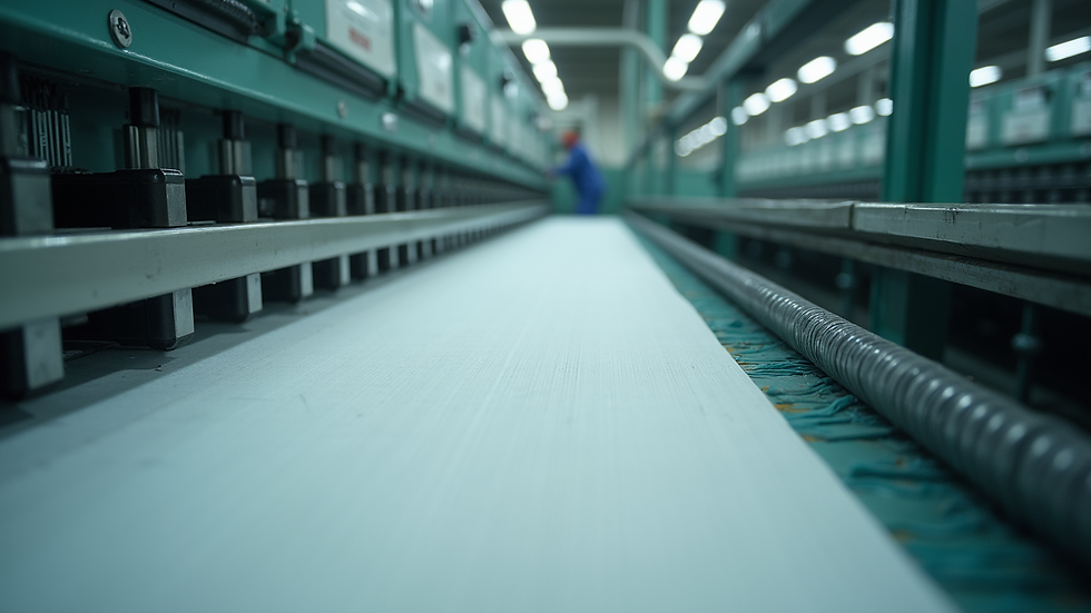 Eye-level view of textile production machinery in action