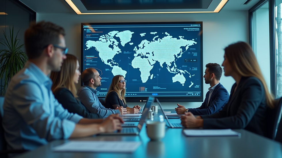 Eye-level view of a modern office with a team discussing AI solutions