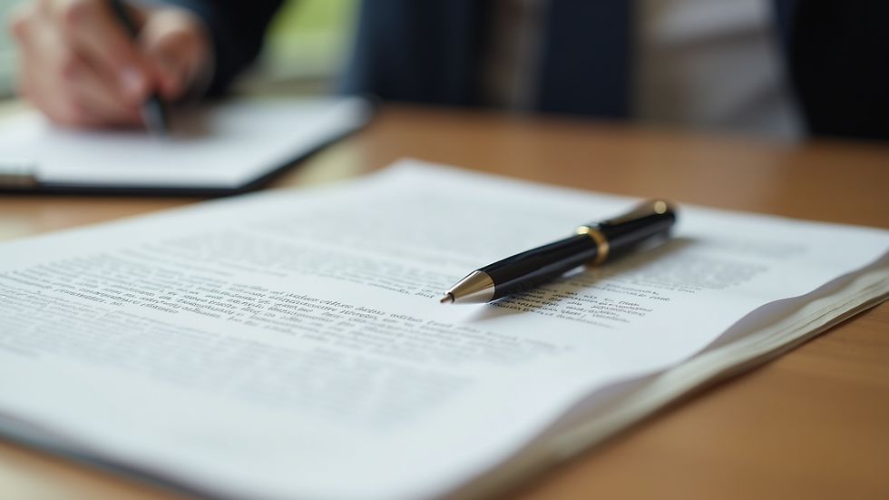 Close-up of legal documents and a pen on a wooden table