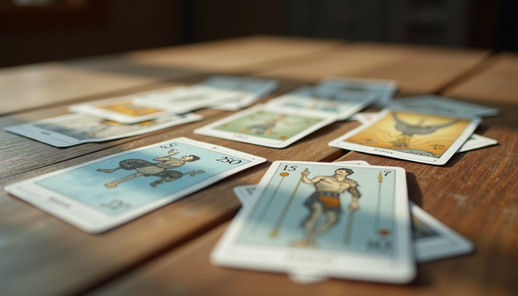 Eye-level view of a Tarot card spread with visible numbers and symbols