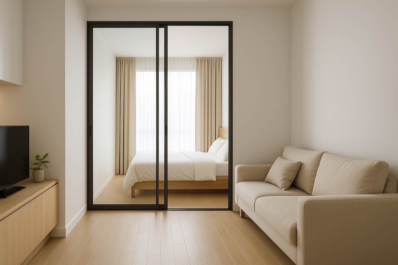 Slim-frame sliding glass partition separating living and bedroom with continuous flooring