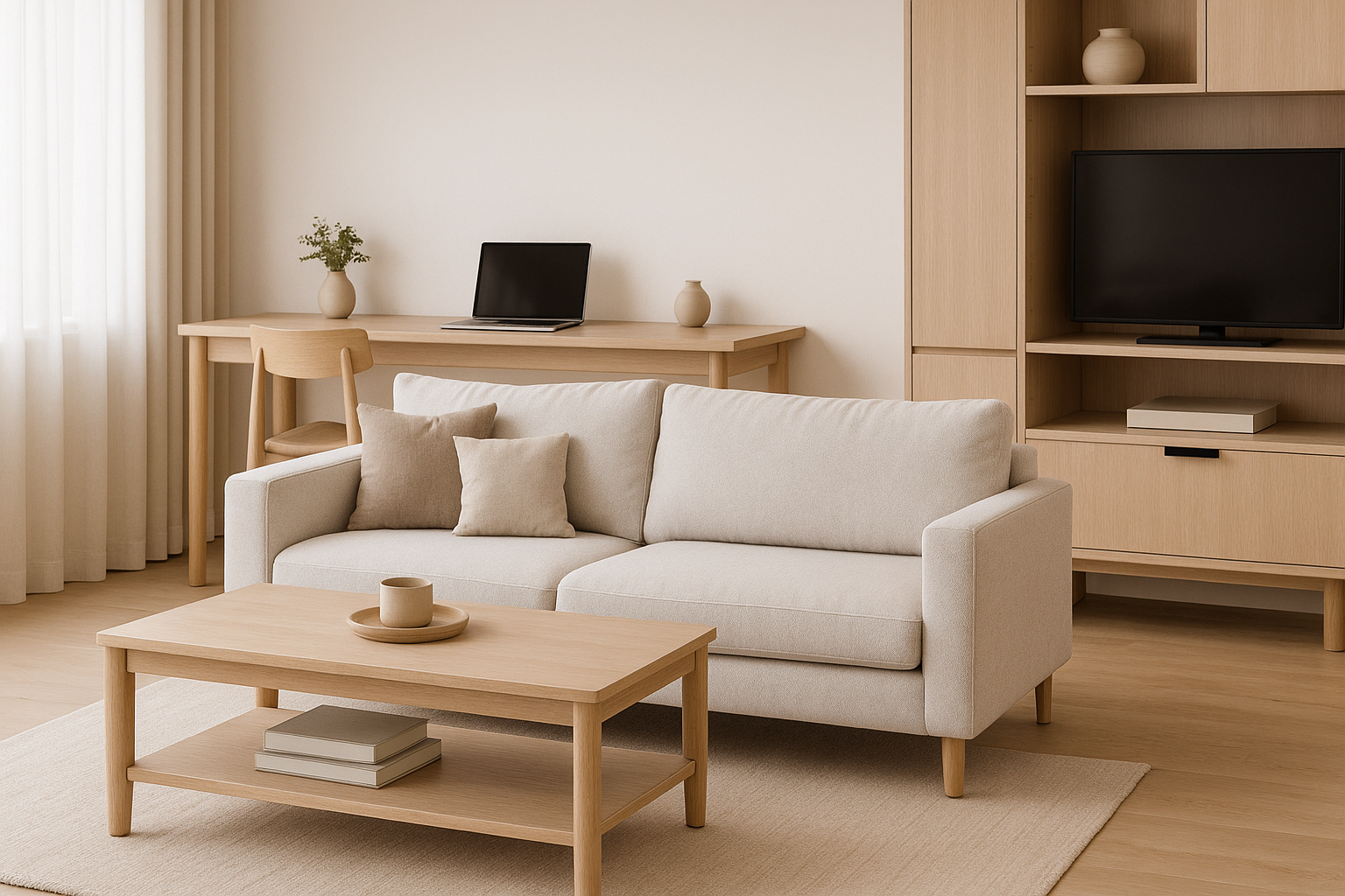 Small condo living room with sofa dividing a light-wood workspace