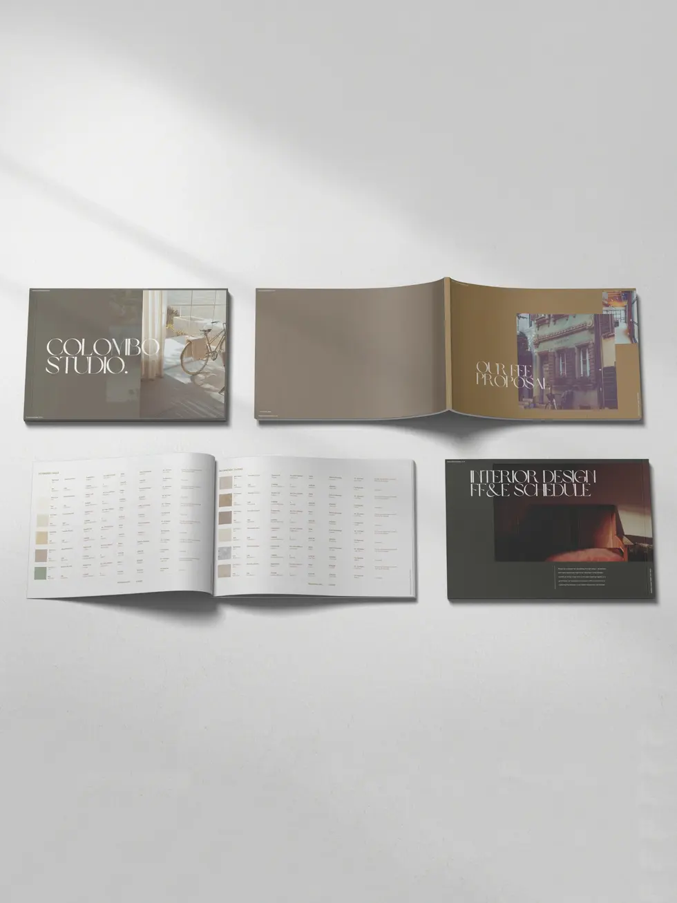 Closed booklet with cover design reading 'Colombo Studio' featuring a modern interior with a soft natural lightin