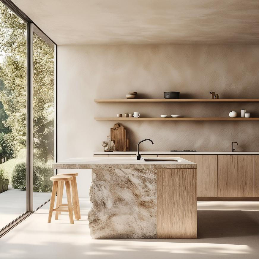 A beautiful kitchen with a natural stone island that conveys calm and luxury