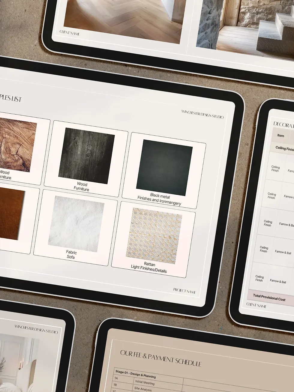 mockup of ipads with the Winchester Collection of essential templates for interior designers.