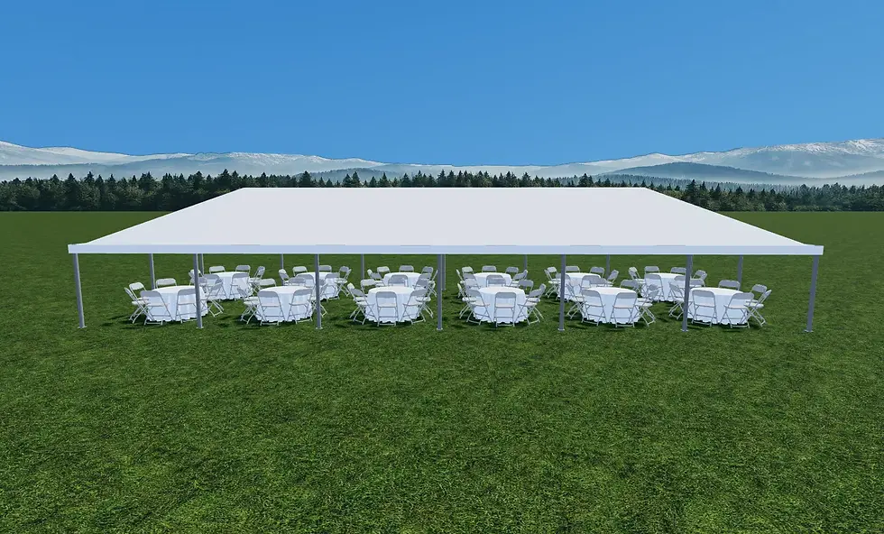 Thumbnail: White event tent with round tables and chairs on grass