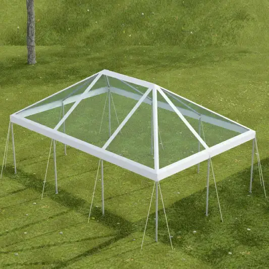 Clear event tent with white frame on green grass