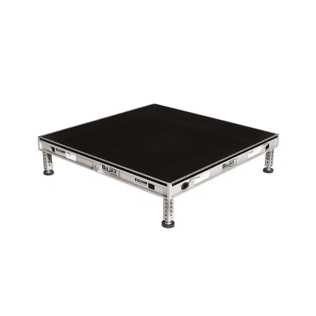 Black 4' x 4' stage platform with silver frame and adjustable legs.