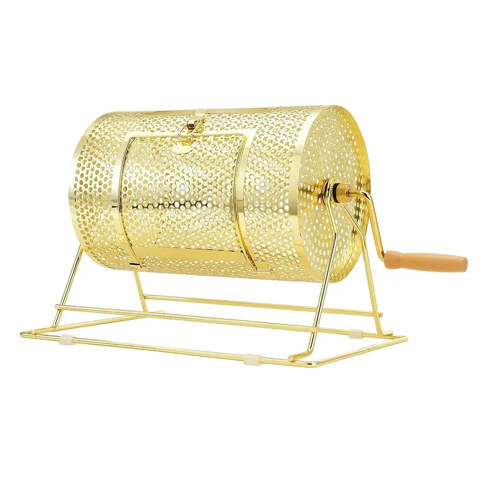 Thumbnail: Small brass raffle drum with wooden handle on stand