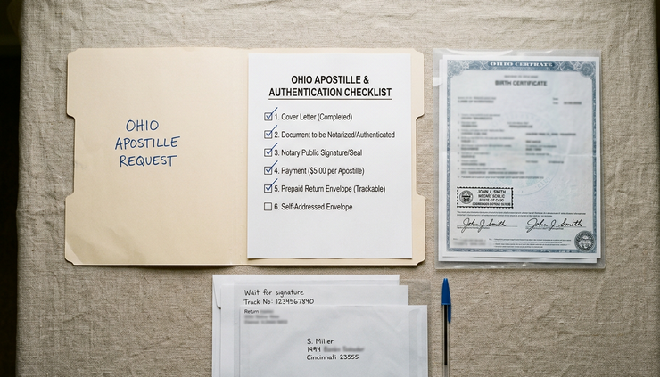 Overhead view of a checklist, passport-style travel folder, and sealed document packet.