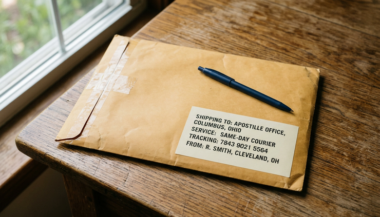Close-up view of a sealed document envelope beside a shipping label on a kitchen table