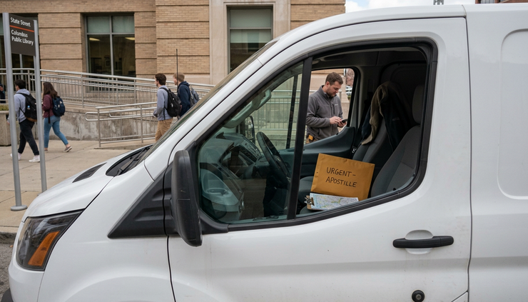 Eye-level view of a courier van parked near a public building walkway with a document envelope on the seat