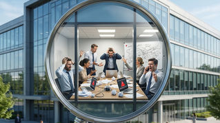 Das Bild zeigt den Firmensitz eines mittelständischen Unternehmens. Das Gebäude ist modern und shiny, das Umfeld schick, gepflegt und ordentlich. Im Vordergrund ist ein Vergrößerungsglas auf ein einzelnes Fenster gerichtet. Mit Hilfe des Vergrößerungsglases erkennt man, dass ein Team gerade im Panikmodus versucht eine Krise zu bewältigen. Im Gegensatz zum äußeren Anblick herrscht hier blankes Chaos.
