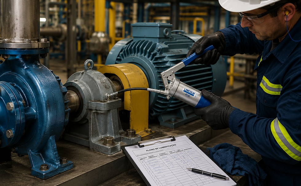 Técnico realizando plano de lubrificação de rolamentos em motor industrial