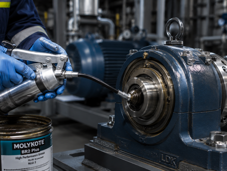 Técnico aplicando graxa em rolamento industrial durante manutenção preventiva