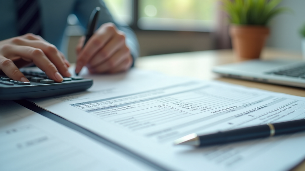 Eye-level view of a tax document with a calculator and pen