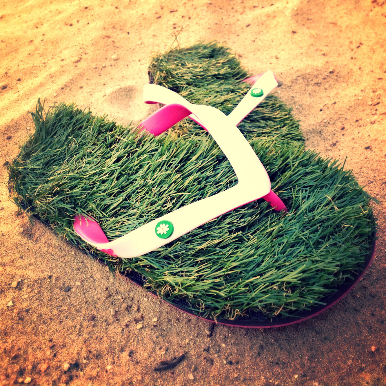 green grass flip flops