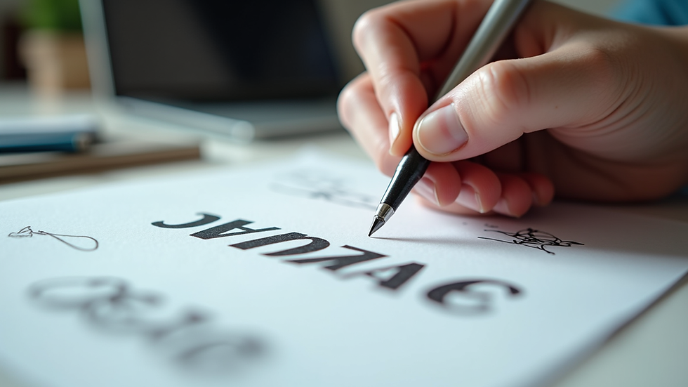 Eye-level view of a designer sketching logo concepts on paper