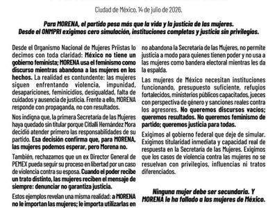 ONMPRI denuncia omisiones del Gobierno Federal ante la violencia contra las mujeres: Pamela García