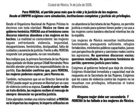 ONMPRI denuncia omisiones del Gobierno Federal ante la violencia contra las mujeres: Pamela García