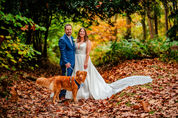 Bride and groom standing with their dog in the autumn leaves of a beautiful woodland