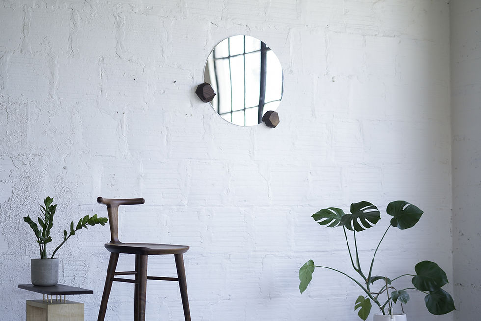 Thumbnail: Round Wall Mirror With Geometric Hardwood Knobs
