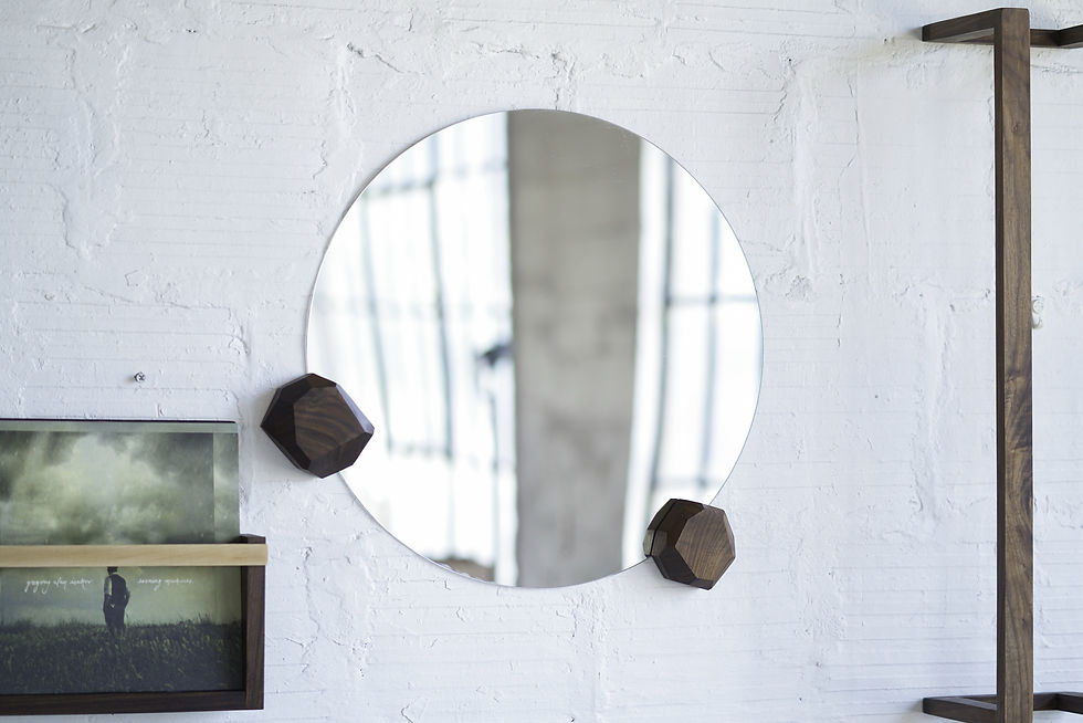Thumbnail: Round Wall Mirror With Geometric Hardwood Knobs