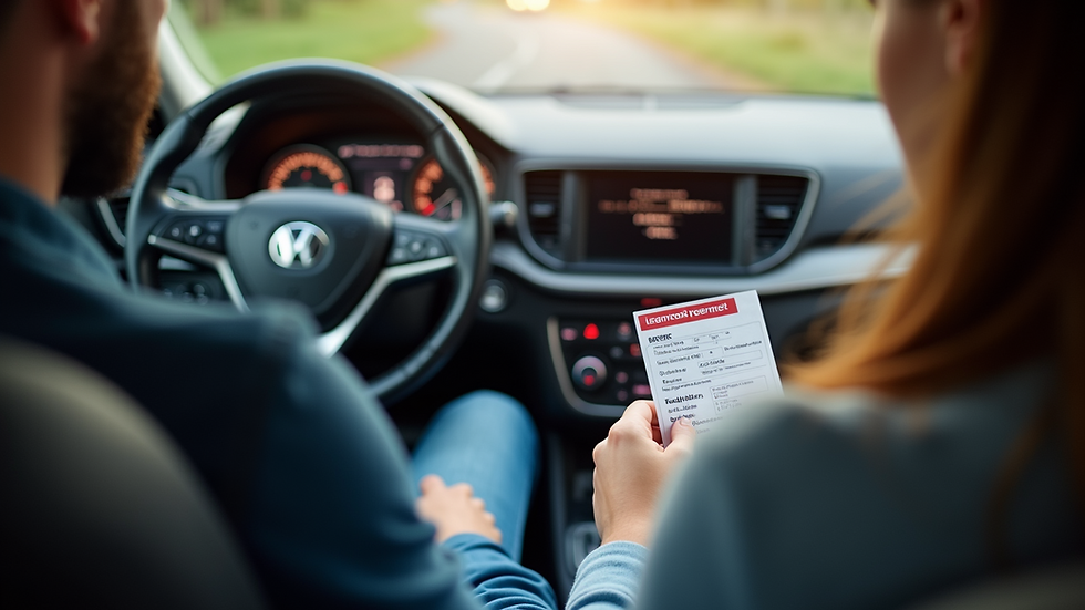 Eye-level view of a car dashboard with a learner’s permit on the seat