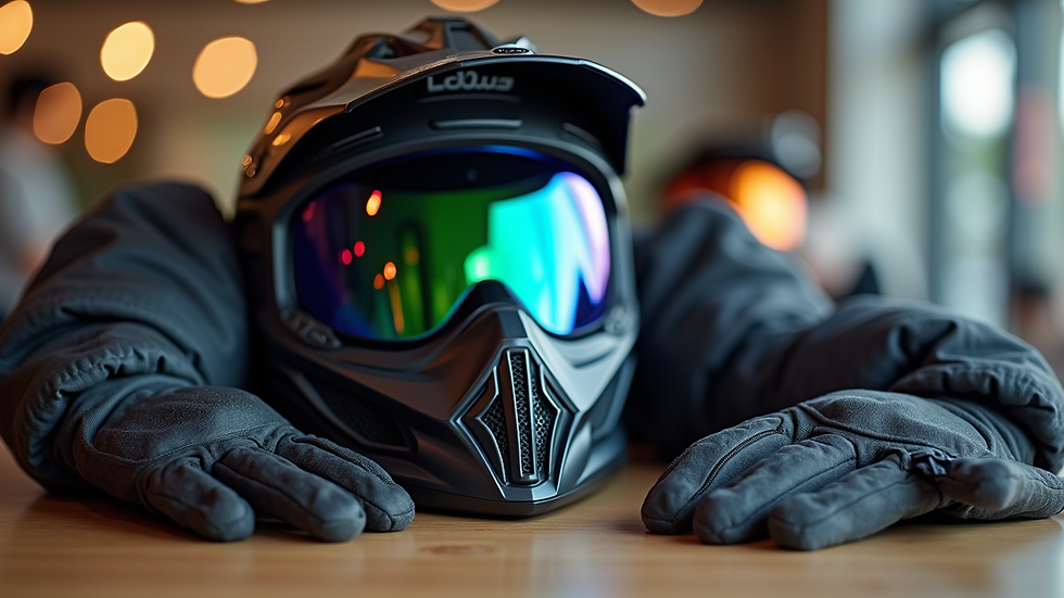 Close-up view of a quad bike helmet and gloves on a rental counter