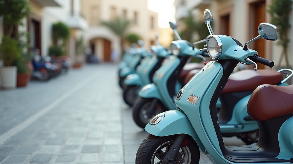 Eye-level view of a row of parked scooters ready for rent in Mykonos
