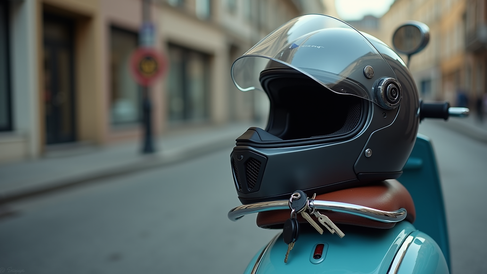 Close-up view of a scooter helmet and keys on a scooter seat