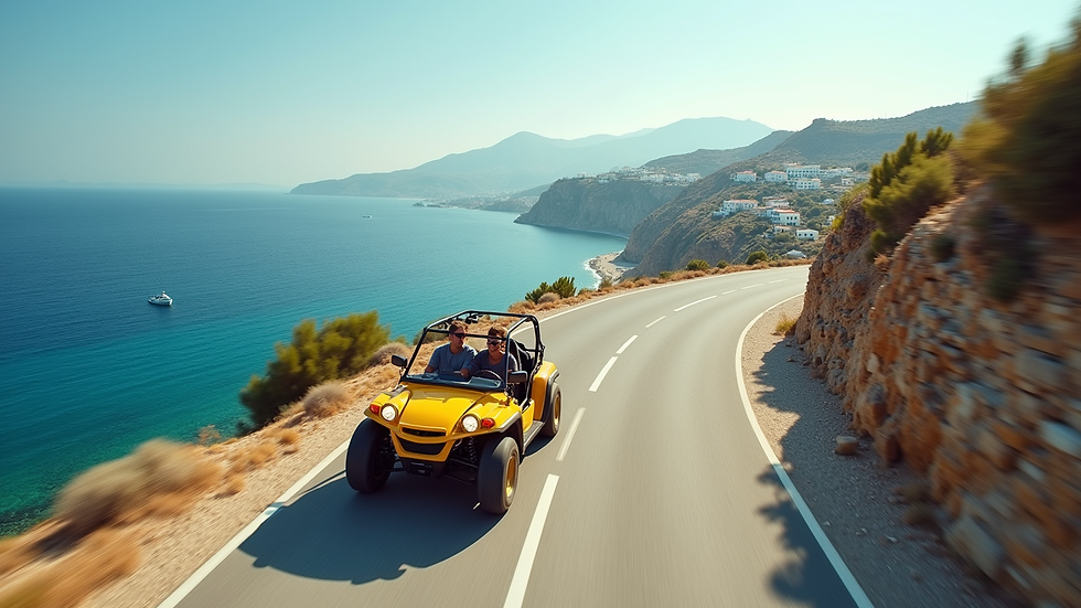 High angle view of a buggy driving on a coastal road in Mykonos