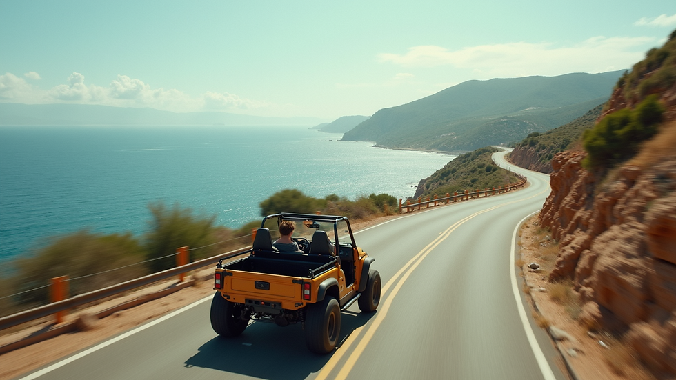 High angle view of a buggy driving along a coastal road with sea views